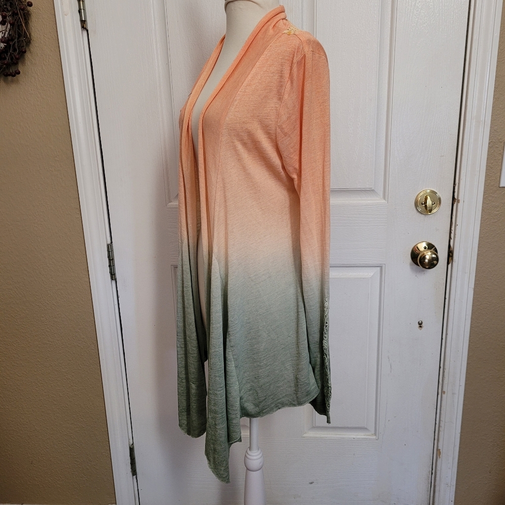 Miss me Jeans cardigan top waterfall tie dye size Large crochet lace trim back
